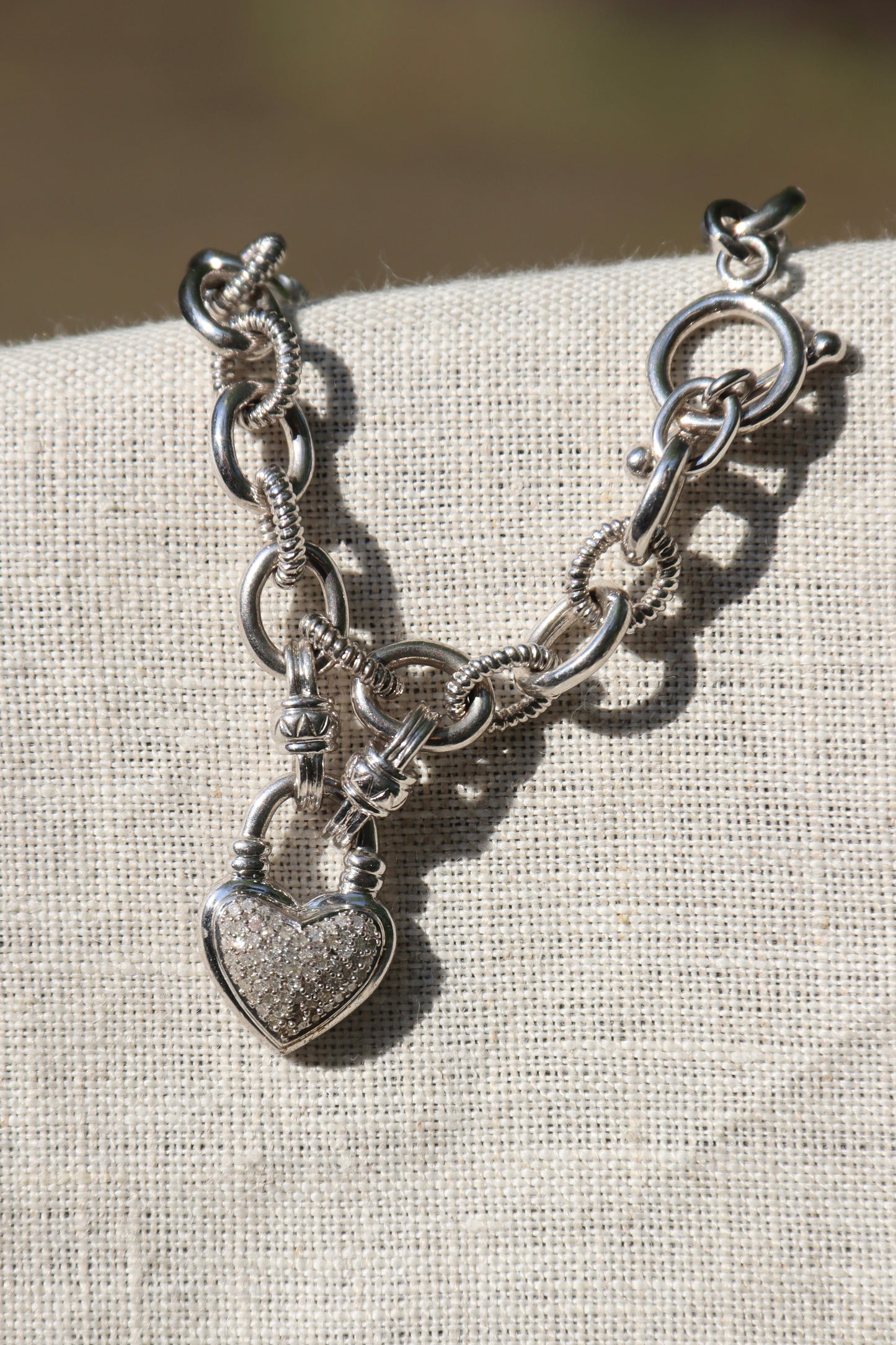 Sterling Silver Diamond Heart Charm Toggle Bracelet