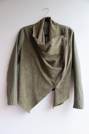 BlankNYC olive green faux suede and vegan leather drape front jacket