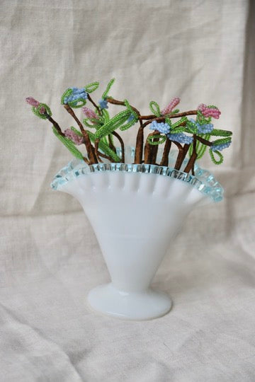 Fenton "Aqua Crest" Milk Glass Fan Vase with Flowers