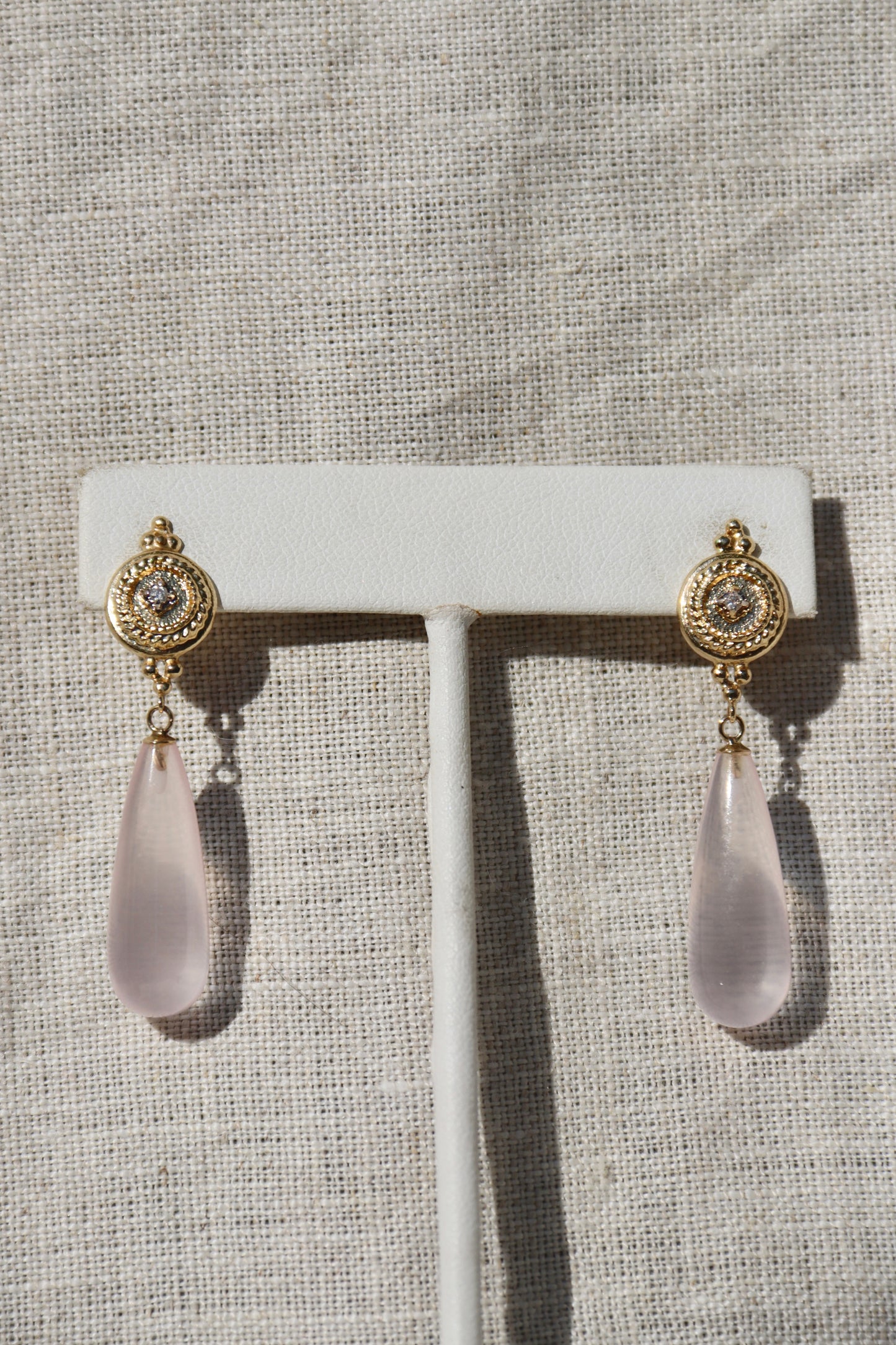 Rose Quartz and Diamond Earrings - 14K Yellow Gold