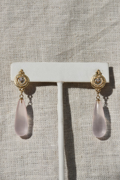 Rose Quartz and Diamond Earrings - 14K Yellow Gold
