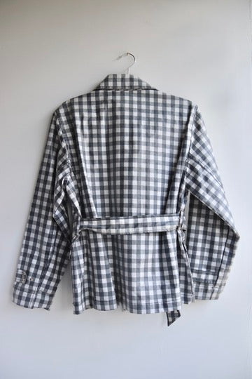 Irene Allison Grey checkered raincoat