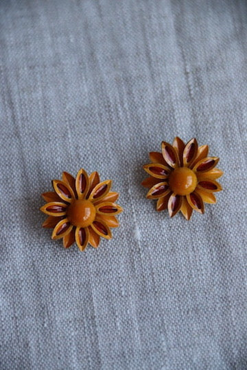 Orange Flower Clip On Earrings