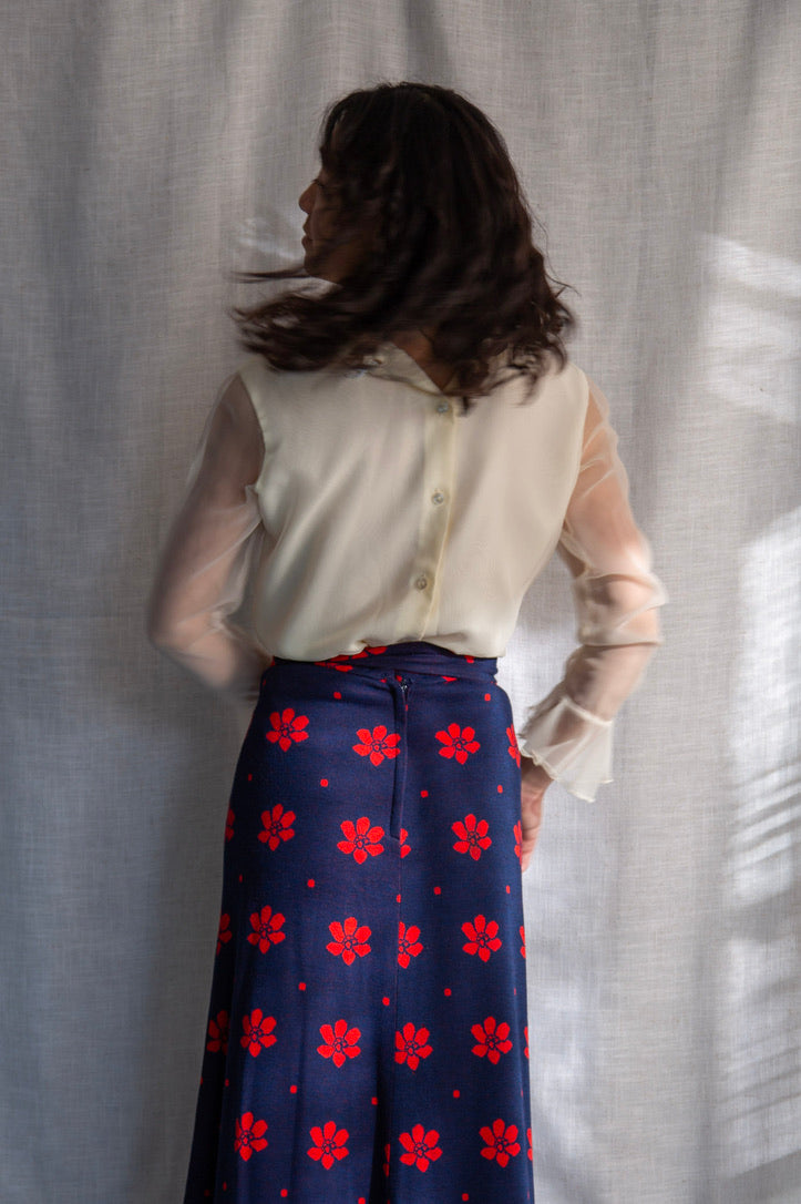 Vintage 1970s Vicky Vaughn Navy Blue and Red Floral Maxi Skirt