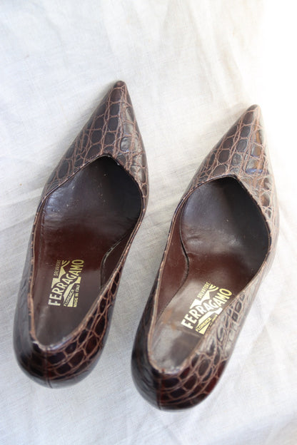 Ferragamo Chocolate Brown Snakeskin Heels