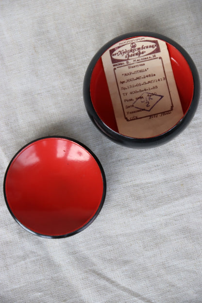 vintage Soviet-era hand-painted black lacquer trinket box with a red and gold Firebird or Phoenix design