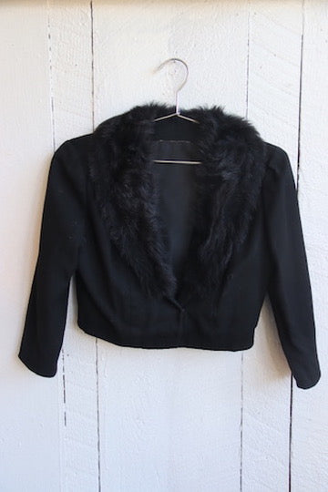 Vintage Cropped Black Wool Jacket with Faux Fur