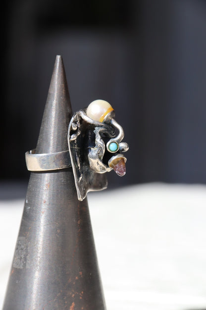 Winifred Wager Sterling Silver Abstract Ring with Amethyst, Turquoise, and Pearl