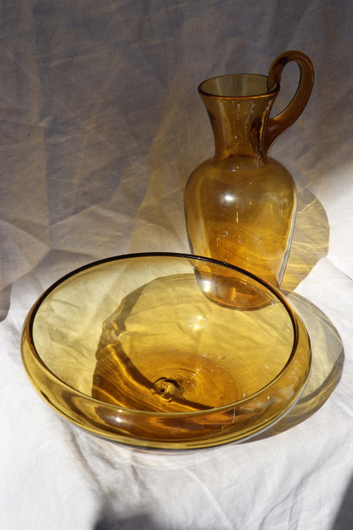 Amber Art Blown Glass Pitcher and Bowl