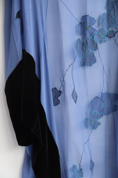 Vintage Blue Silk and Black Velvet Shawl