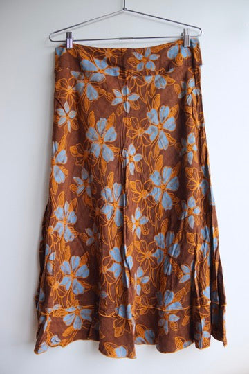 White Rice Brown Skirt with Blue Flowers