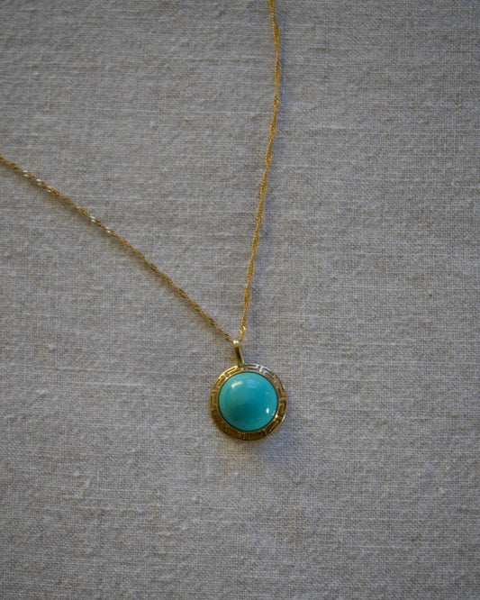 Turquoise Greek Key Pendant Necklace - 14K