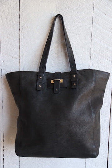Large Black Leather Bag with Canvas Lining