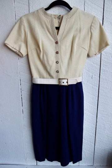 Vintage Parfait Originals Blue and White Wool Dress with Belt