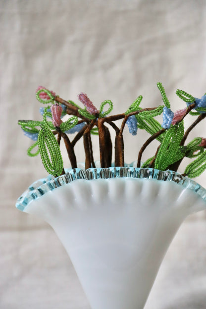 Fenton "Aqua Crest" Milk Glass Fan Vase with Flowers