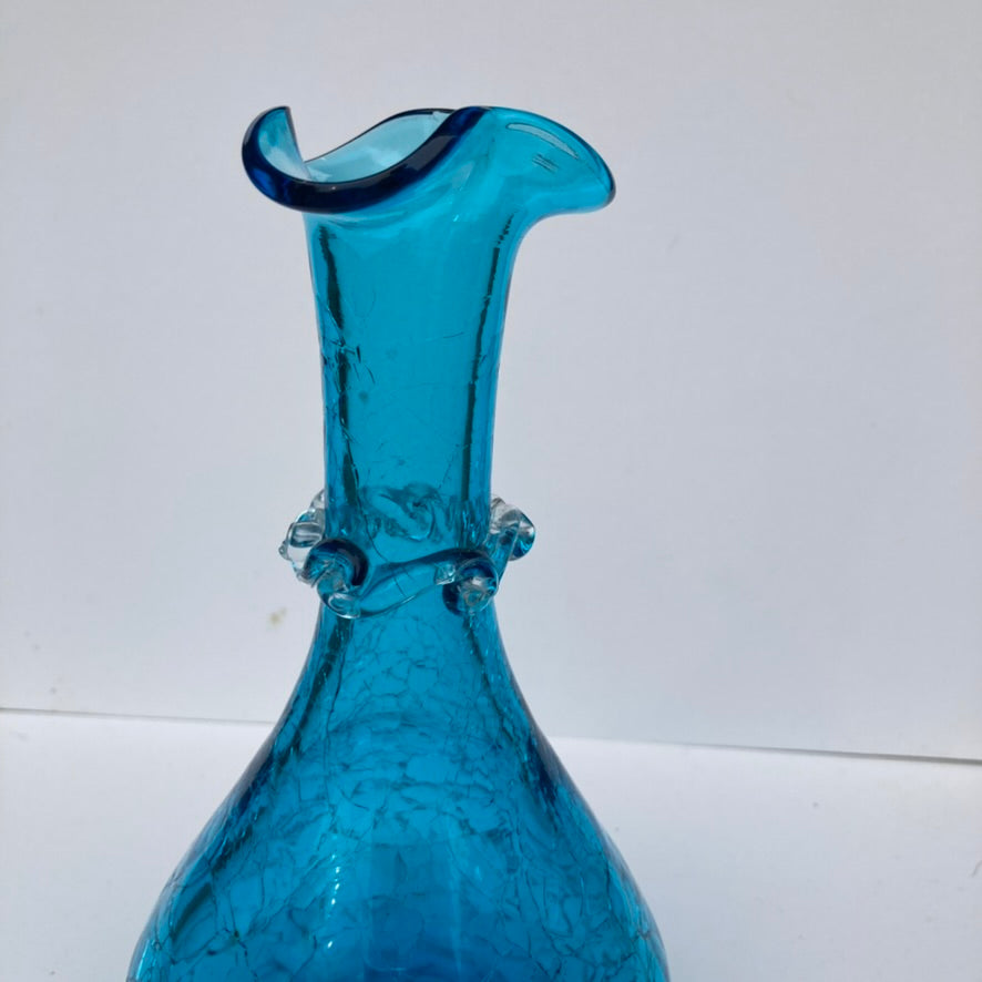 Crackle bright blue hand blown vase