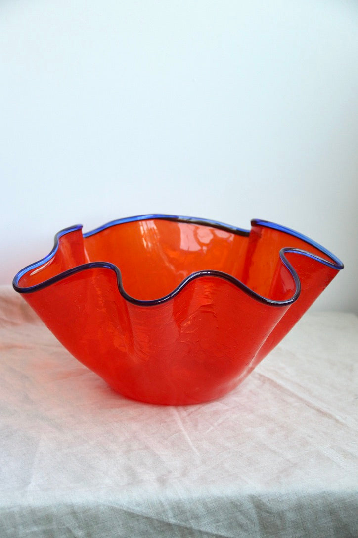 Peter Greenwood Large Orange Crackle Glass Wave Bowl with Blue Edge