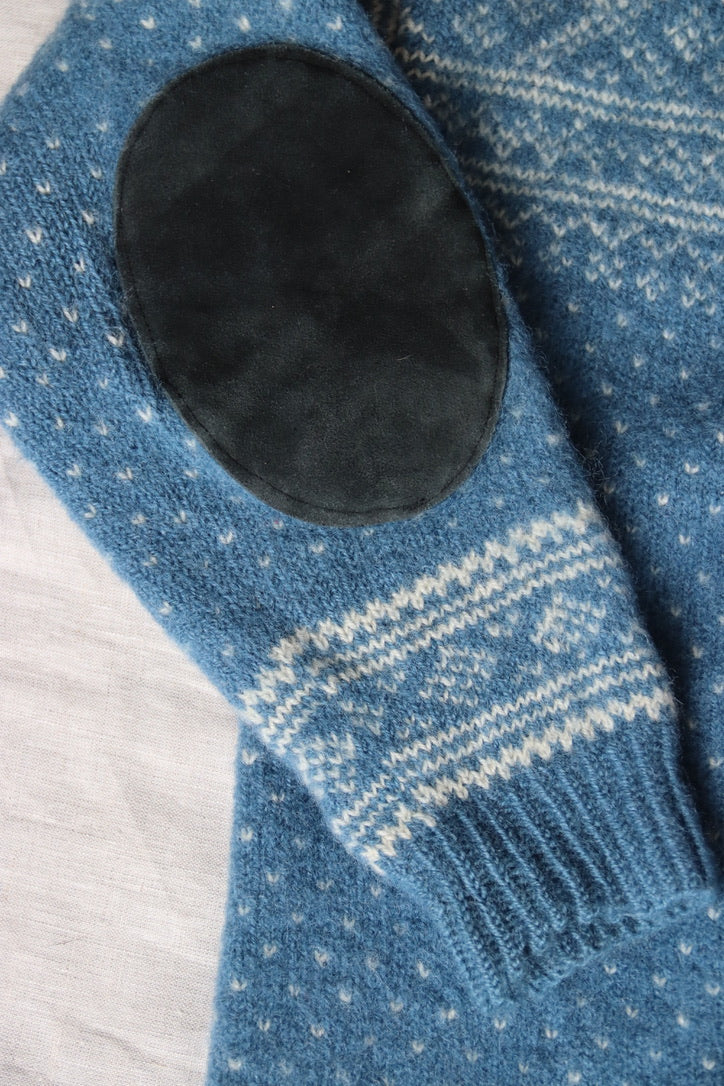 Vintage Blue Norwegian Wool Button Up Sweater with Leather Elbow Patches