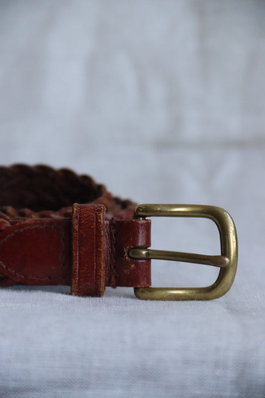 Vintage Ralph Lauren Brown Braided Leather Belt with Solid Brass Buckle