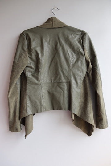 BlankNYC olive green faux suede and vegan leather drape front jacket