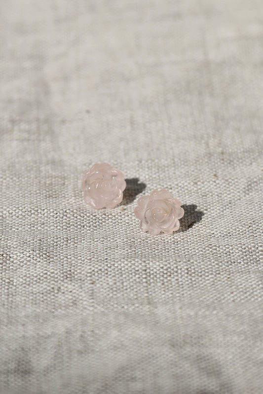 Carved Rose Quartz Flower Earrings - 14k