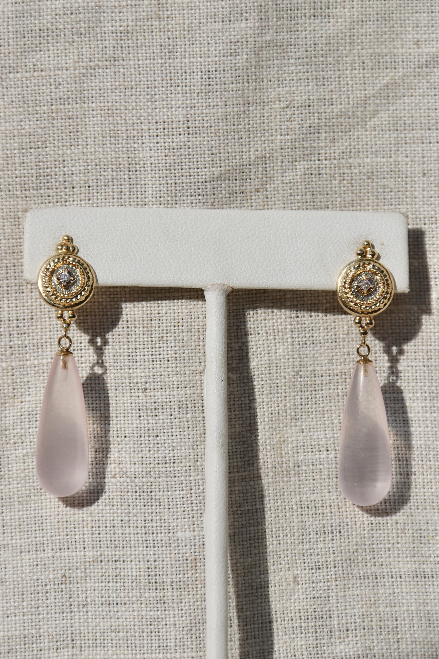 Rose Quartz and Diamond Earrings - 14K Yellow Gold