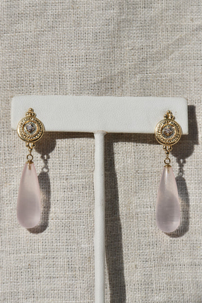 Rose Quartz and Diamond Earrings - 14K Yellow Gold