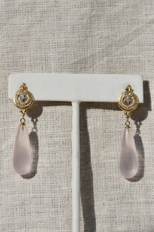 Rose Quartz and Diamond Earrings - 14K Yellow Gold