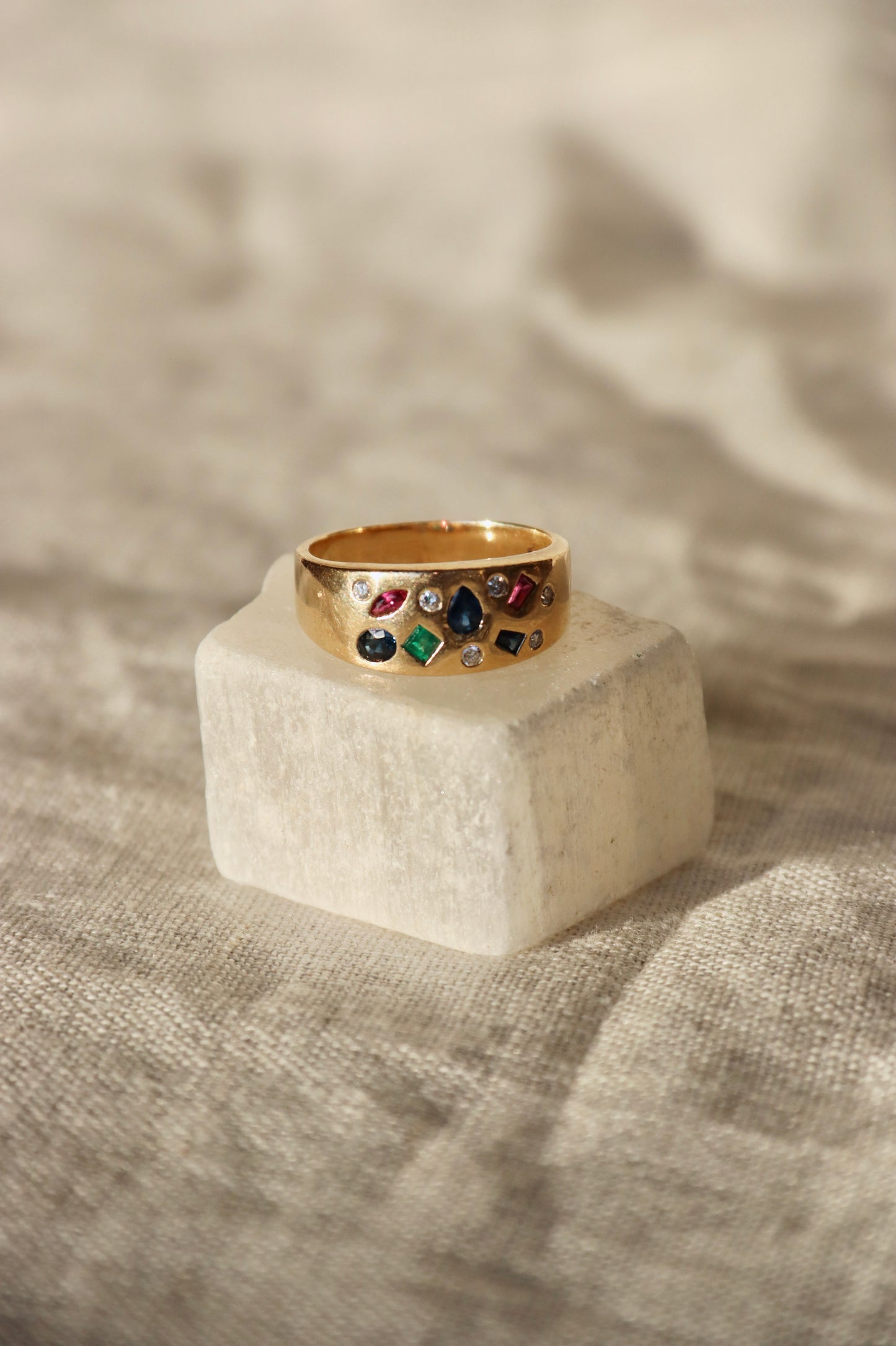 Flush Set Ruby, Sapphire, Emerald and Diamond Ring -14K