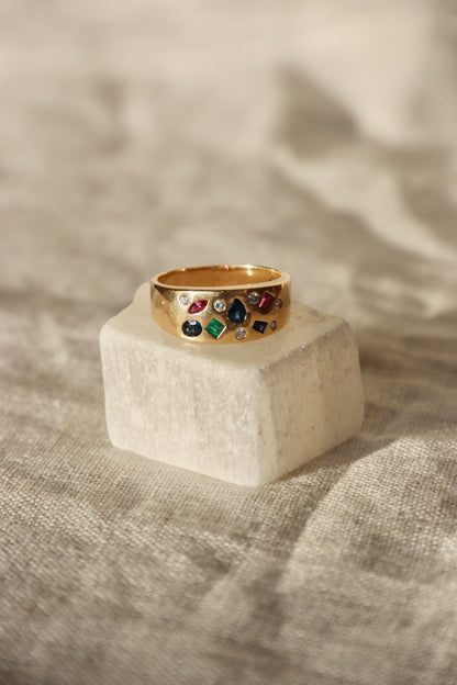 Flush Set Ruby, Sapphire, Emerald and Diamond Ring -14K