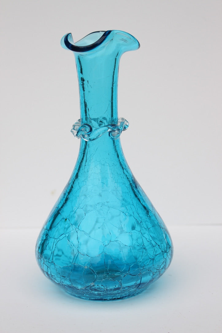 Crackle bright blue hand blown vase