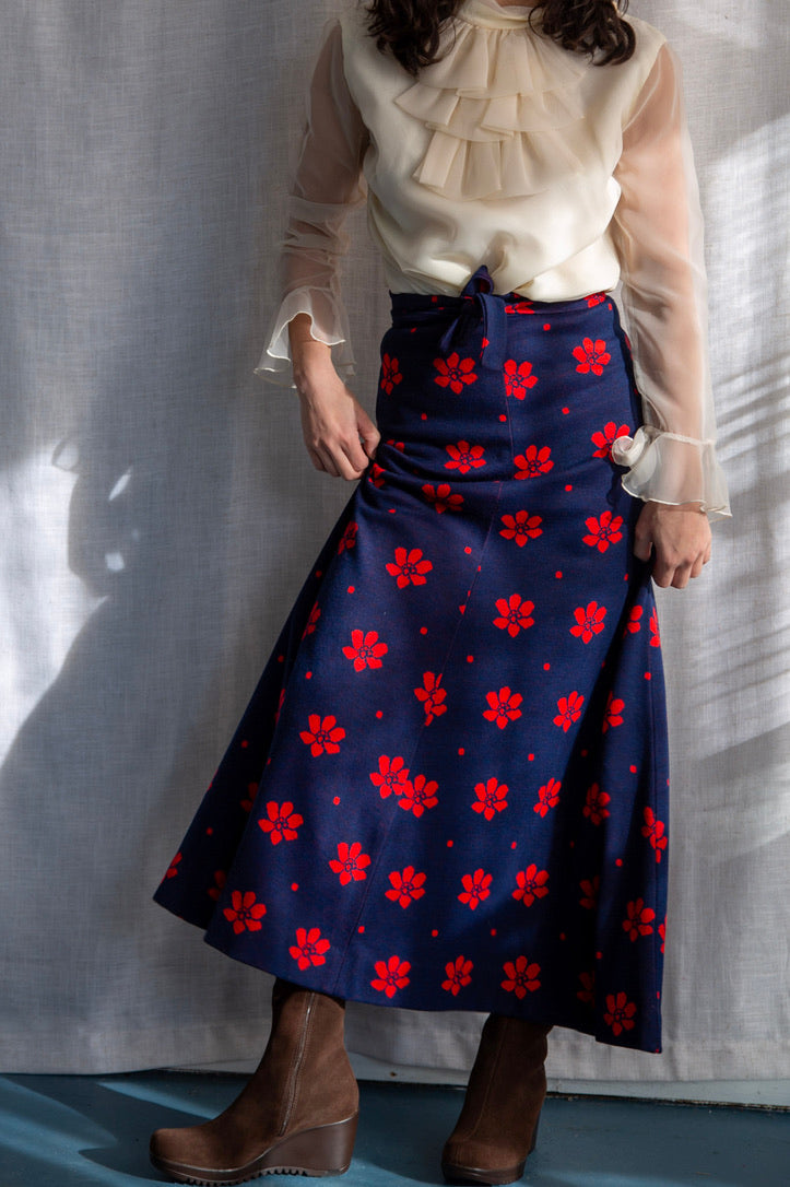 Vintage 1970s Vicky Vaughn Navy Blue and Red Floral Maxi Skirt