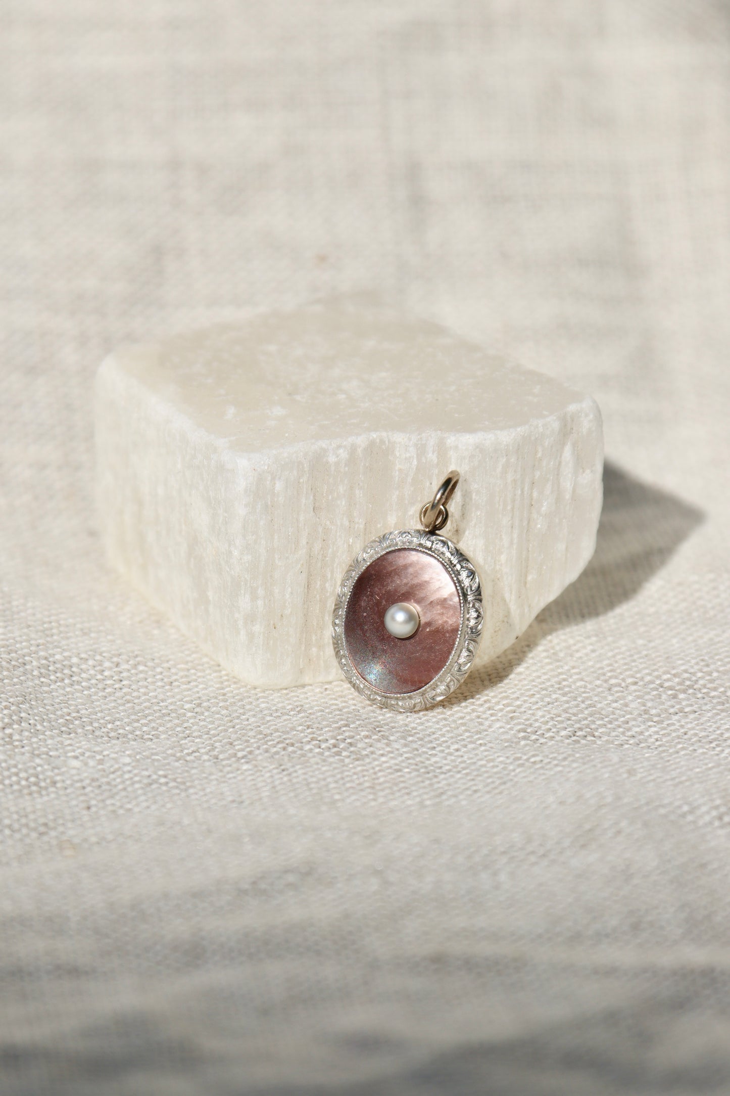 Antique Mother of Pearl and Seed Pearl Pendant - 14k yellow gold