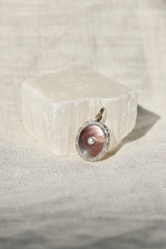 Antique Mother of Pearl and Seed Pearl Pendant - 14k yellow gold