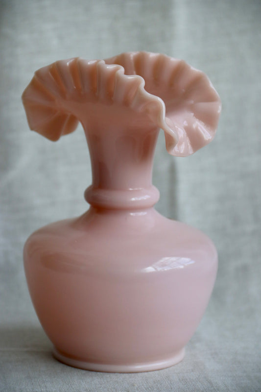 Fenton Pink Milk Glass Ruffle Edge Vase