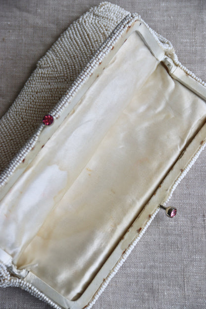 White Beaded Kisslock Clutch with Pink Rhinestones