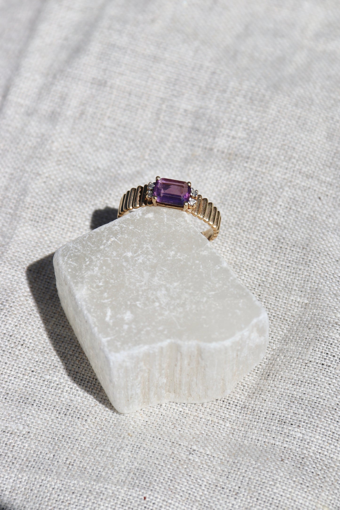 Amethyst and Diamond Ring with Fluted Shoulders -10K