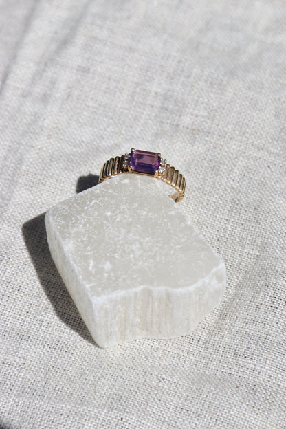 Amethyst and Diamond Ring with Fluted Shoulders -10K