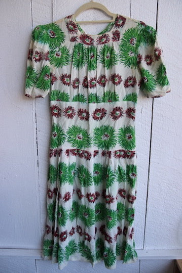 Vintage White with Green Flowers Dress - as is
