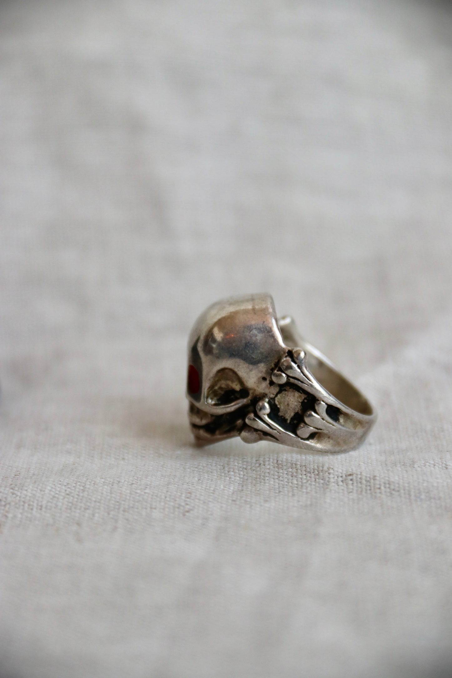 Sterling Silver Skull Ring with Red Eyes