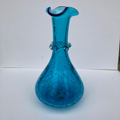 Crackle bright blue hand blown vase