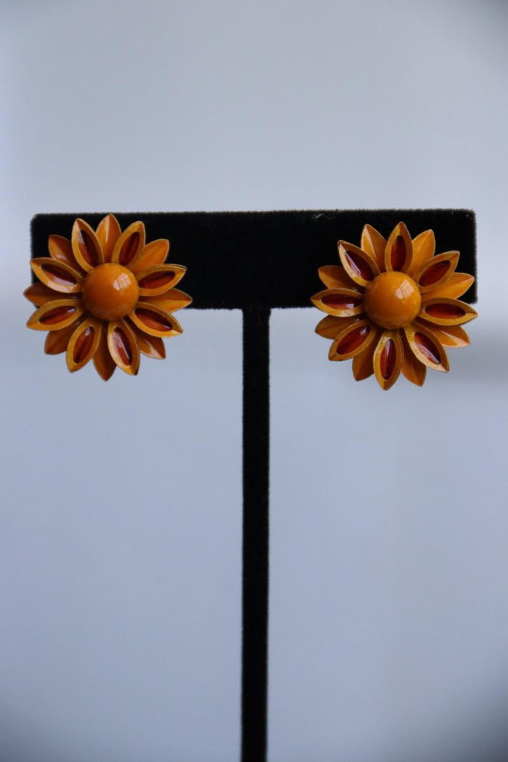 Orange Flower Clip On Earrings