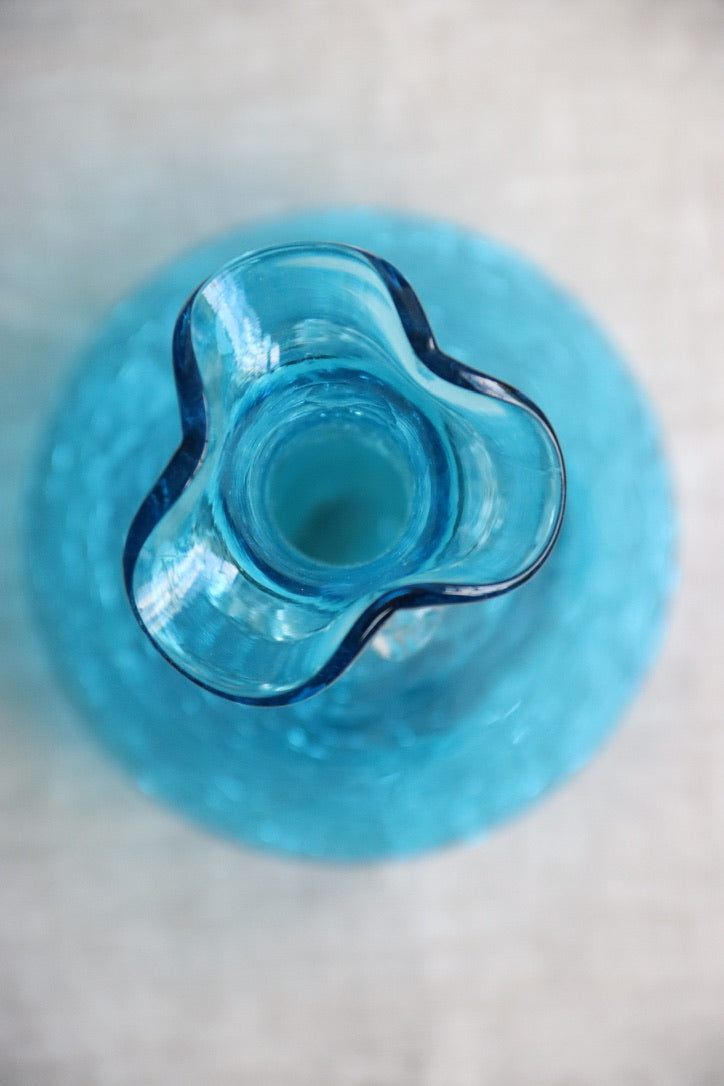 Crackle bright blue hand blown vase