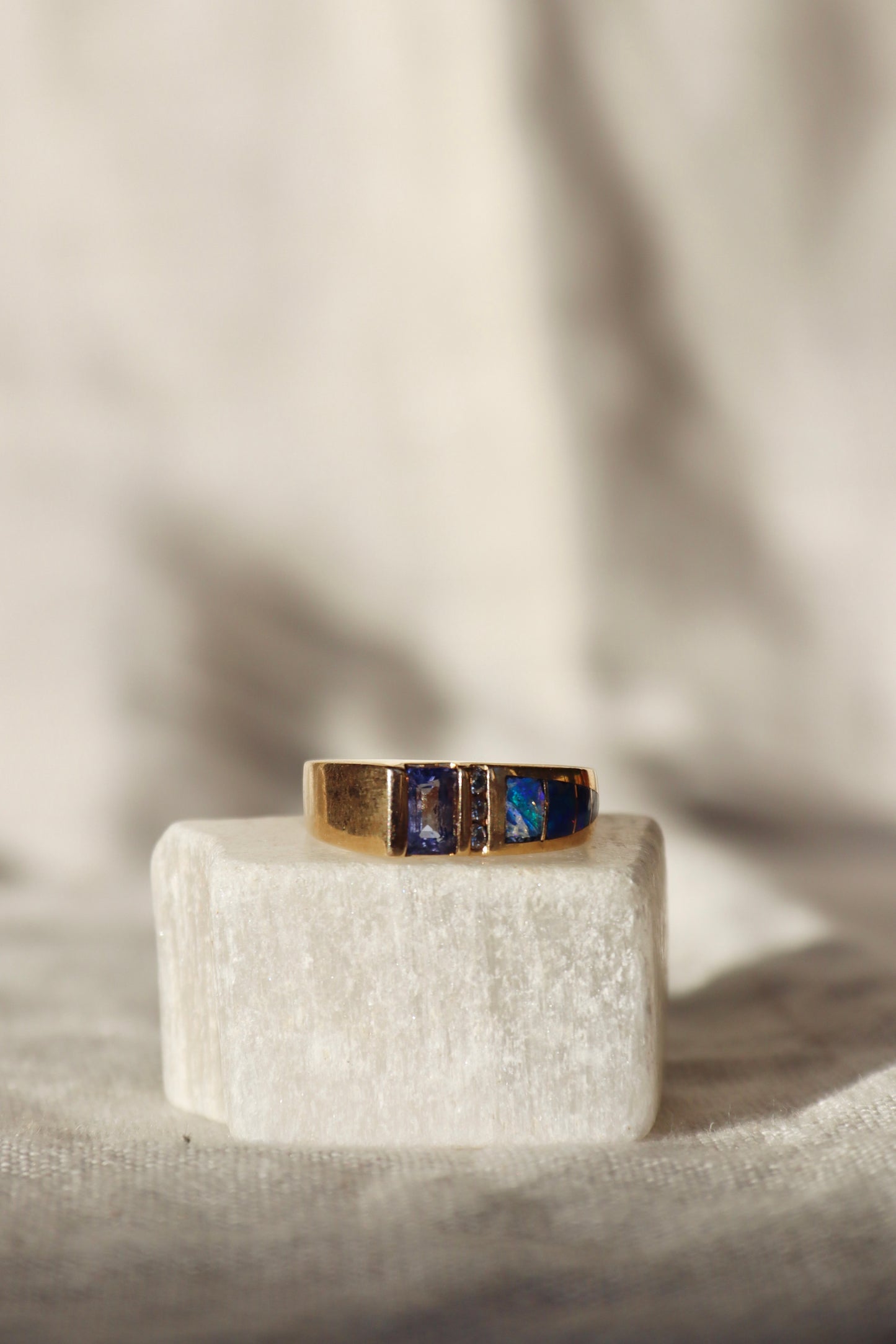 Tanzanite, Diamond and Opal Doublet Ring - 14k Gold
