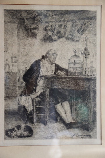 Vintage Framed Black and White Drawing of Man with Cat