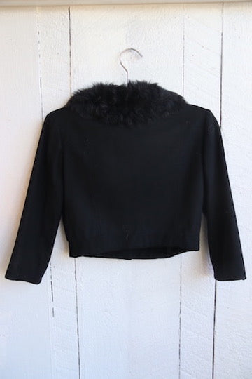Vintage Cropped Black Wool Jacket with Faux Fur