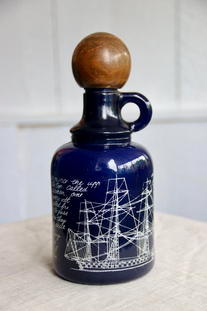 Blue Bottle with Ship and Wooden Lid