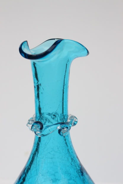 Crackle bright blue hand blown vase