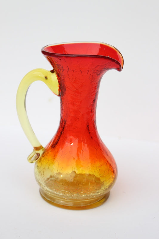 Crackle red and orange vase with handle