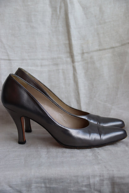 Ferragamo Silver Grey Patent Heels